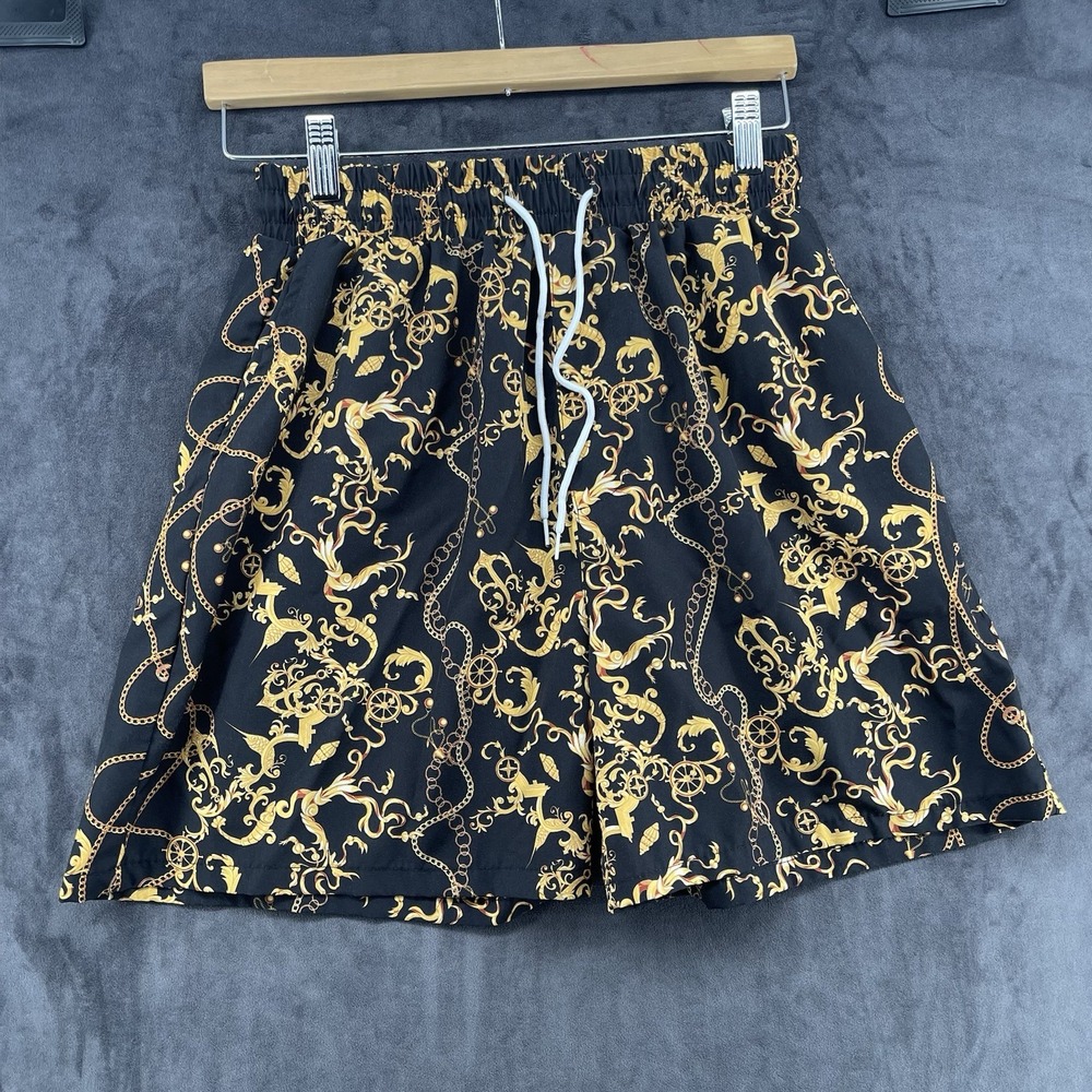 Men's Black & Gold Baroque Print Shorts – Size 32